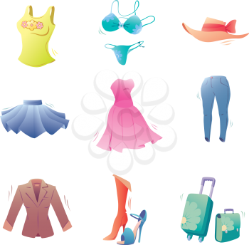 The colorful illustration consists of the various fashion clothes.
Editable vector EPS v9.0