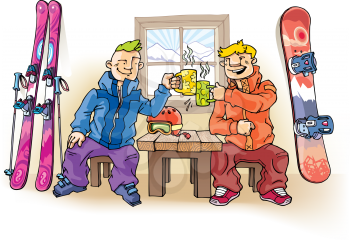 Two young friends - the skier and the snowboarder - are drinking something hot.