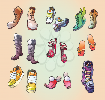 The set of the original, strange and casual vector footwear. And even the one ski boot! Editable vector EPS v.10. Enjoy!