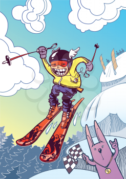 The newschool skier is sliding down and jumping from the snow cliffs.