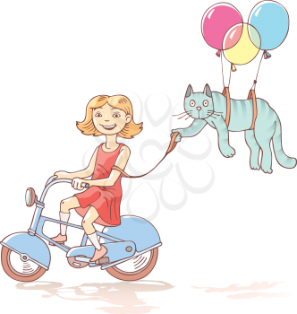 The girl is riding the bicycle with the cat flying with air balloons on a leash.
Editable vector EPS v9.0