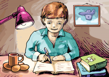 The boy is writing something in his textbook.
Editable vector EPS v9.0