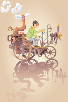 The happy inventor is riding his own oldschool steam car with a propeller.