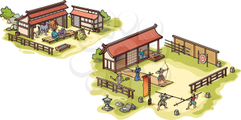 There are isolated Japanese traditional medieval samurai training camp and the stables.