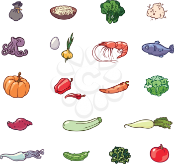 The set of the food products illustrations. There are the vegetables, the sea food, the noodles and the others.