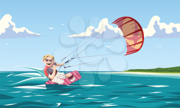 One of the greatest things in the world - kitesurfing. The glad kitesurfer is sliding the waves, looking at camera with a smile.
This is the editable vector EPS file v9.0