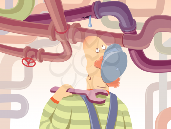 The plumber with the spanner is watchin at the waterdrop oozing from the pipe.
Editable vector EPS v9.0