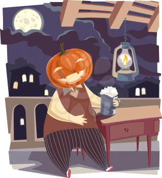 It is a moonlight night. A happy Jack O' Lantern having a good time drinking a big tankard of good beer.. This is the editable vector EPS v.9 file.
