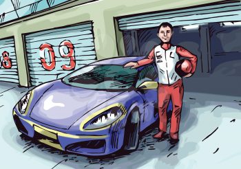 The racer is standing near his blue sport car.
Editable vector EPS v9.0