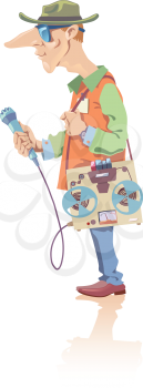 Vector illustration of the reporter with the retro-style tape recorder and the microphone in 
his hand.
