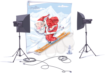 Santa-skier is in the photo studio. The photographer is taking a picture of him...
Vector EPS v9.0 editable file.