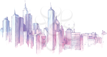 The hand-drown city skyline in a pastel shades. 
Editable vector EPS v9.0