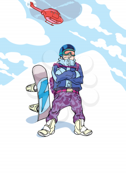 Happy heliboarder with his brand new snowboard is standing proudly on the mountain top. This is the editable vector EPS file v9.0.
