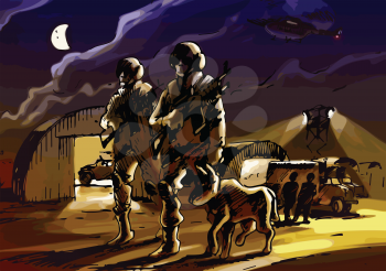 Two soldiers with the dog are patrolling the military base by night.
Editable vector EPS v9.0
