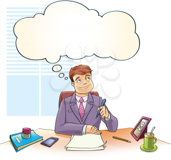 The businessman with the thinking bubble is dreaming over the blank papers on a table in the office.
Editable vector EPS v.10.0
Enjoy!