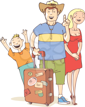 The happy tourist's family - father, mother and their little son are ready to vacation.