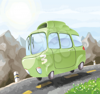 A small retro-styled car having a dangerous trip on the mountain road.
Editable vector EPS v9.0