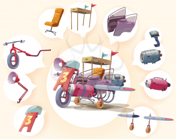 Royalty Free Clipart Image of a Junky Plane and the Parts