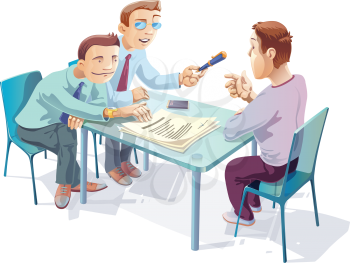 Royalty Free Clipart Image of a Man Being Interviewed by Two Men