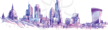 The hand-drown city skyline in a pastel shades. There are st.Paul's cathedral, an old heritage buildings, and the futuristic London 
city skyscrapers on a background.
Editable vector EPS v10.0