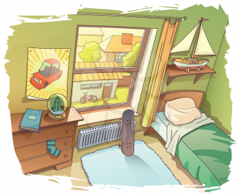 A bit messy room of a young boy. There are a skateboard near the window and the BMX bicycle outside on a backyard. 

Includes: the Illustrator 10.0 layered editable vector EPS file and the Hi-res JP