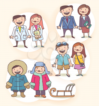 There are: the smiling doctor and his assistant, the businessman, businesswoman, the couple of happy tourists and the man with 
the woman wearing the winter clothes with the classic sledge. 