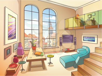The light interior of a two-storied cozy living room is full of paintings and other art objects in the bright sunny day. 

The vector EPS v.10 is layered for your convenience. Enjoy!