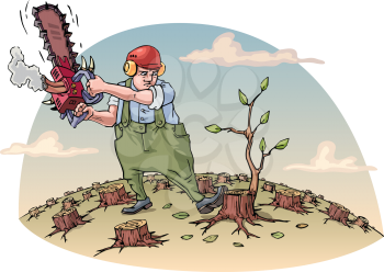 The woodcutter with the chainsaw is cutting the last tree in a forest. Vector illustration. Editable vector illustration.