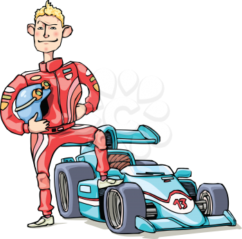 The brave F1 racer is standing near his blue racing car. 
