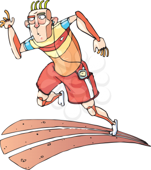 The athlete with the headphones is running on the cinder track. Vector illustration.