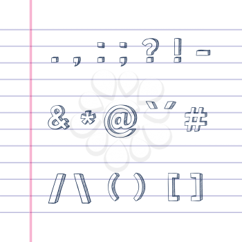 Several hand drawn text symbols on lined paper
