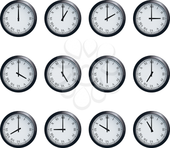 Set of realistic wall clocks with Roman numerals, with the times set at every hour.
