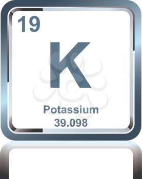 Symbol of chemical element potassium as seen on the Periodic Table of the Elements, including atomic number and atomic weight.