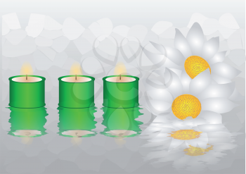 reflection in water. background with flowers and candles
