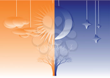 Royalty Free Clipart Image of a Tree Split for Day and Night