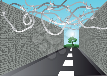 Royalty Free Clipart Image of a Street With Barbed Wire