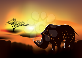 Africa. Rhinoceros on a sunrise background. 10 EPS