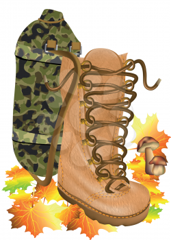 boot traveling ion autumn leves solated on the white background