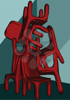 chairs pile. abstract red chairs on green background