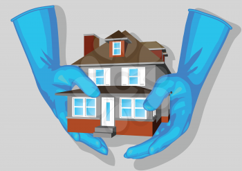 blue gloves and house on gray background