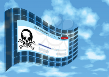 illegal download. flag with skull and sign of downloading