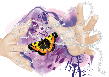 hands and butterfly with barbed wire on grunge background