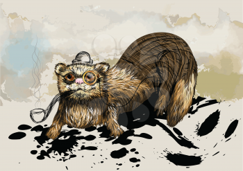ferret with pipe.cartoon animal in hat 