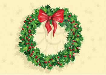 holly wreath with bow on abstract background