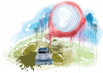 golf club. car and golf ball as balloon