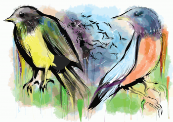 birds. two abstract multicolor birds om grunge background