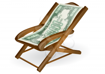 pension concept. wood chair with money isolated on a white background