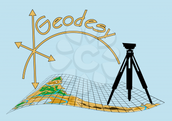 geodesy. theodolite on tripod with abstract map