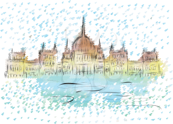 budapest parliament. abstract sketch of building on multicolor background