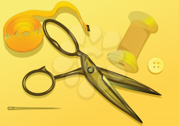 tailoring. Scissor, button, tape measure on yellow background
